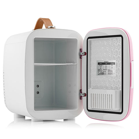 Pink and white subcold pro 4l mini fridge with a tan leather handle portable and compact mini fridge for easy use