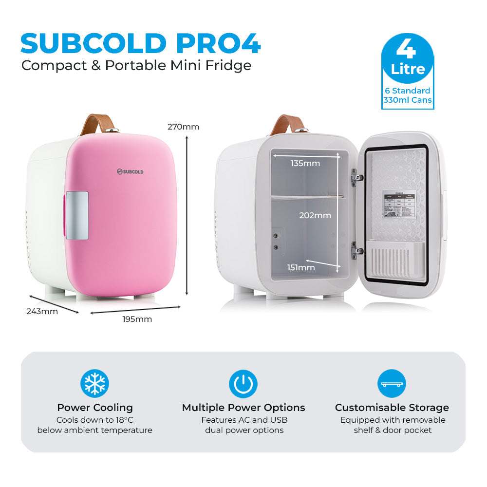 Pink and white subcold pro 4l mini fridge with compact design and brown leather handle for easy portable use