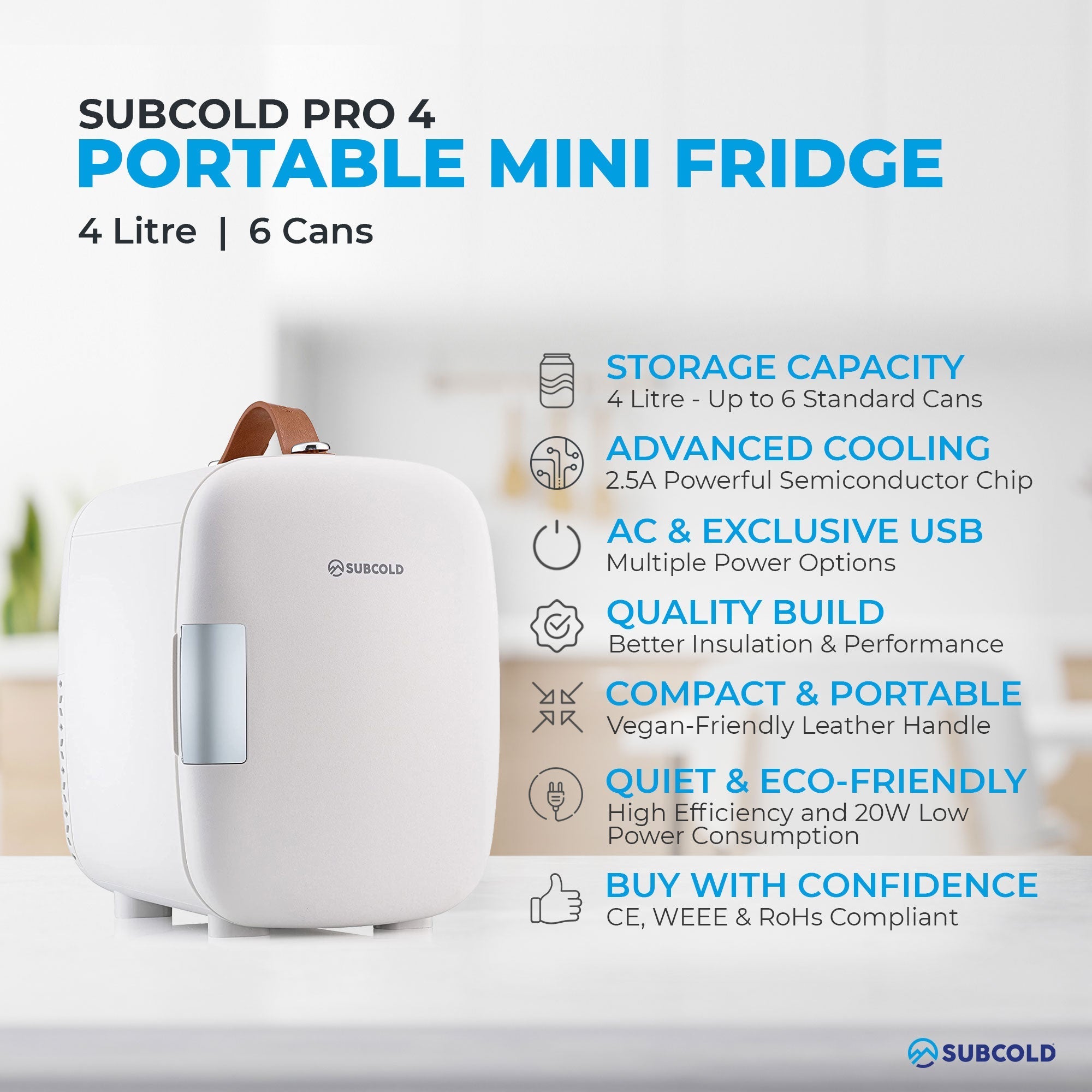 White subcold pro 4l mini fridge with brown leather handle and silver door latch perfect for portable use