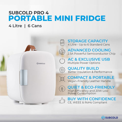White subcold pro 4l mini fridge with brown leather handle and silver door latch perfect for portable use