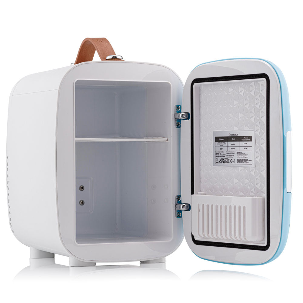 Subcold Pro 4L mini fridge in white and light blue with brown leather handle portable and compact mini fridge pro 4l mini