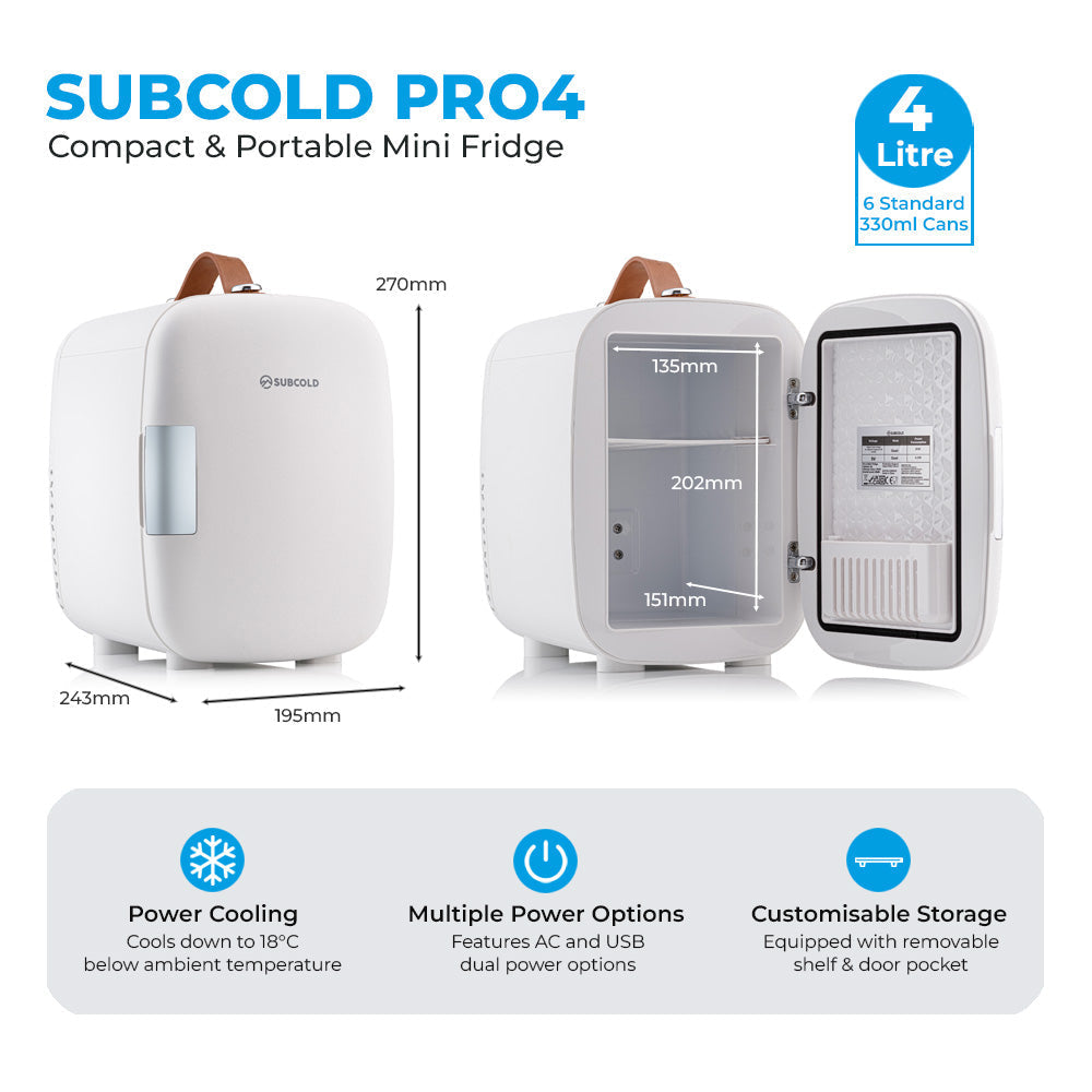 White subcold pro 4l mini fridge with silver door panel and brown leather handle ideal for compact spaces