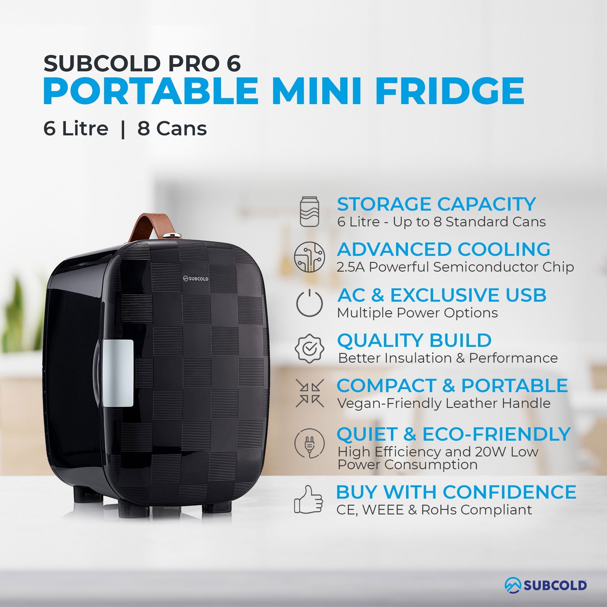 Black subcold pro 6 mini fridge with textured surface vegan leather handle removable shelf fits larger items