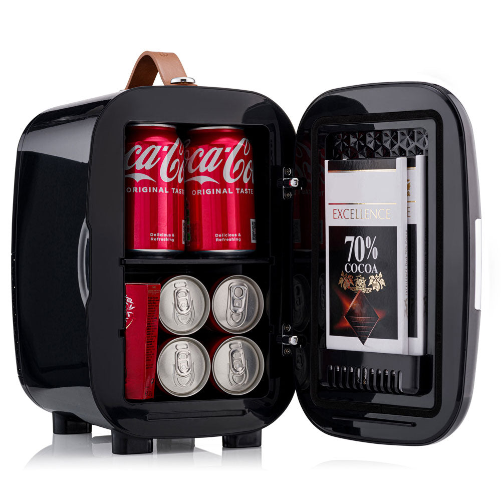 Black glossy subcold pro 6l mini fridge with brown leather handle and removable shelf for larger items and beverages