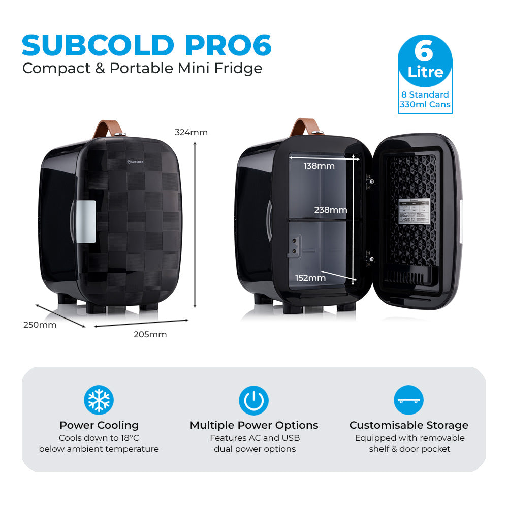 Black subcold pro 6l mini fridge with textured surface and copper handle includes removable shelf for larger items
