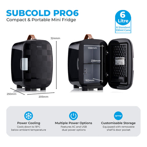 Black subcold pro 6l mini fridge with textured surface and copper handle includes removable shelf for larger items
