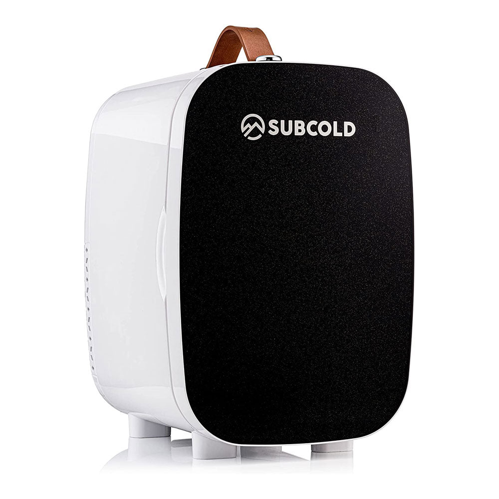 Subcold pro 6l mini fridge in black and white with brown leather handle and removable shelf for larger items