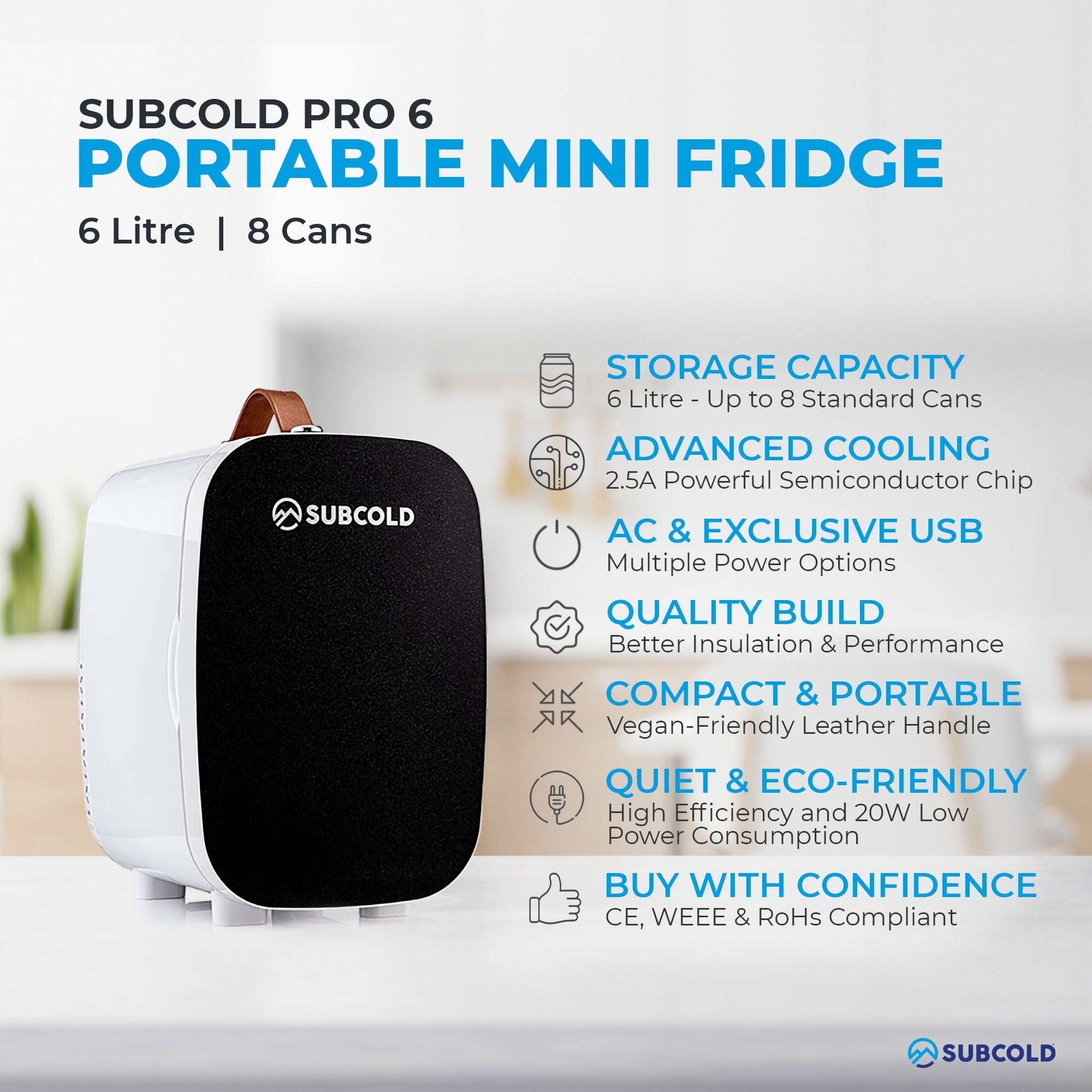 Black and white Subcold Pro 6L mini fridge with vegan leather handle and removable shelf for larger items