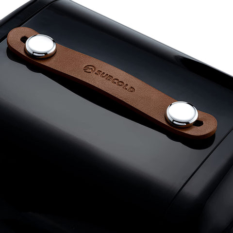 Brown leather key organizer with silver clasps and subcold branding, perfect for keeping larger items organized near mini fridge