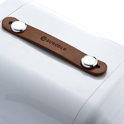 Brown leather strap with silver clasps embossed with subcold brand for mini fridge removable shelf and larger items