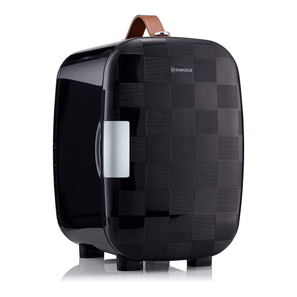 Black glossy subcold pro 6l mini fridge with checkered texture brown leather handle silver latch and removable shelf for larger items