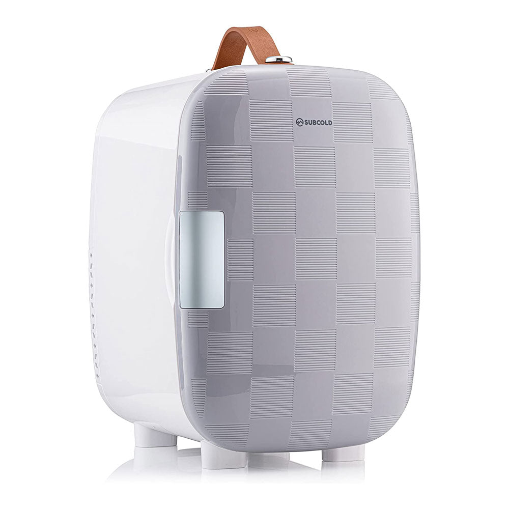 Subcold pro 6l mini fridge with white gray checkered design and brown leather handle features removable shelf for larger items