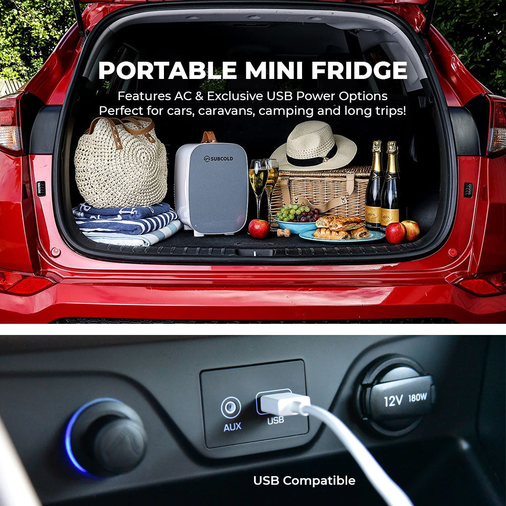 Gray rectangular subcold pro 6l mini fridge with removable shelf perfect for storing larger items compactly
