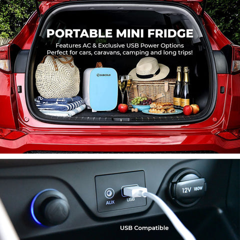 Light blue subcold pro 6l mini fridge with sleek design, removable shelf for larger items, perfect for portability