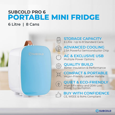 Light blue and white subcold pro 6l mini fridge with removable shelf and vegan leather handle fits larger items easily