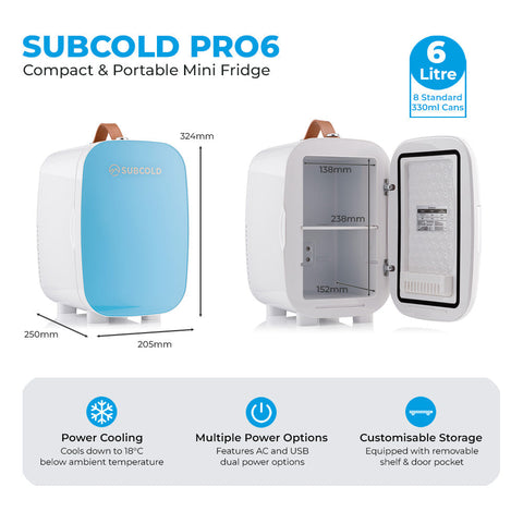 Light blue and white subcold pro 6l mini fridge with brown leather handle and removable shelf for larger items