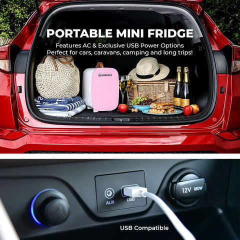 Pink subcold pro 6l mini fridge with white accents and removable shelf ideal for larger items storage
