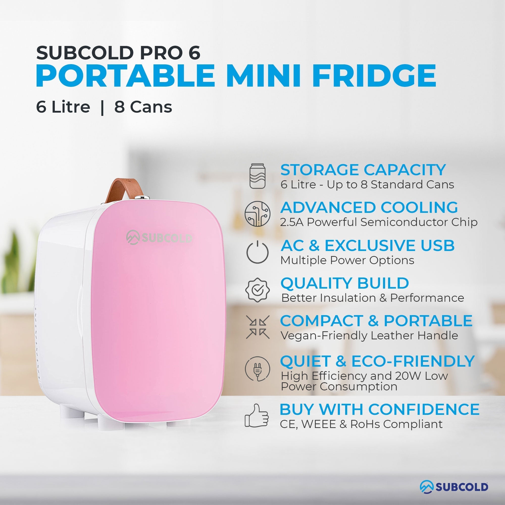 Subcold pro 6l mini fridge in pink and white with vegan leather handle and removable shelf for larger items