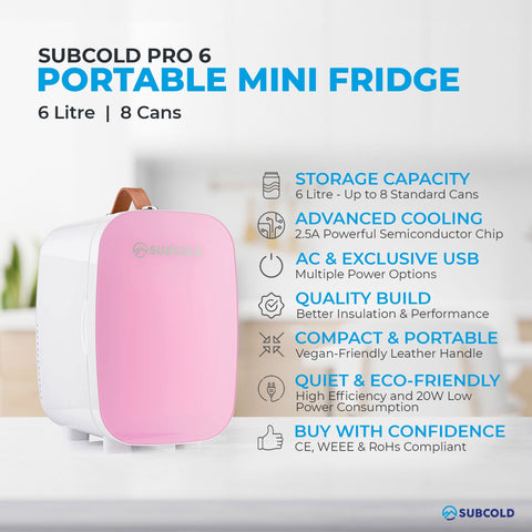 Subcold pro 6l mini fridge in pink and white with vegan leather handle and removable shelf for larger items