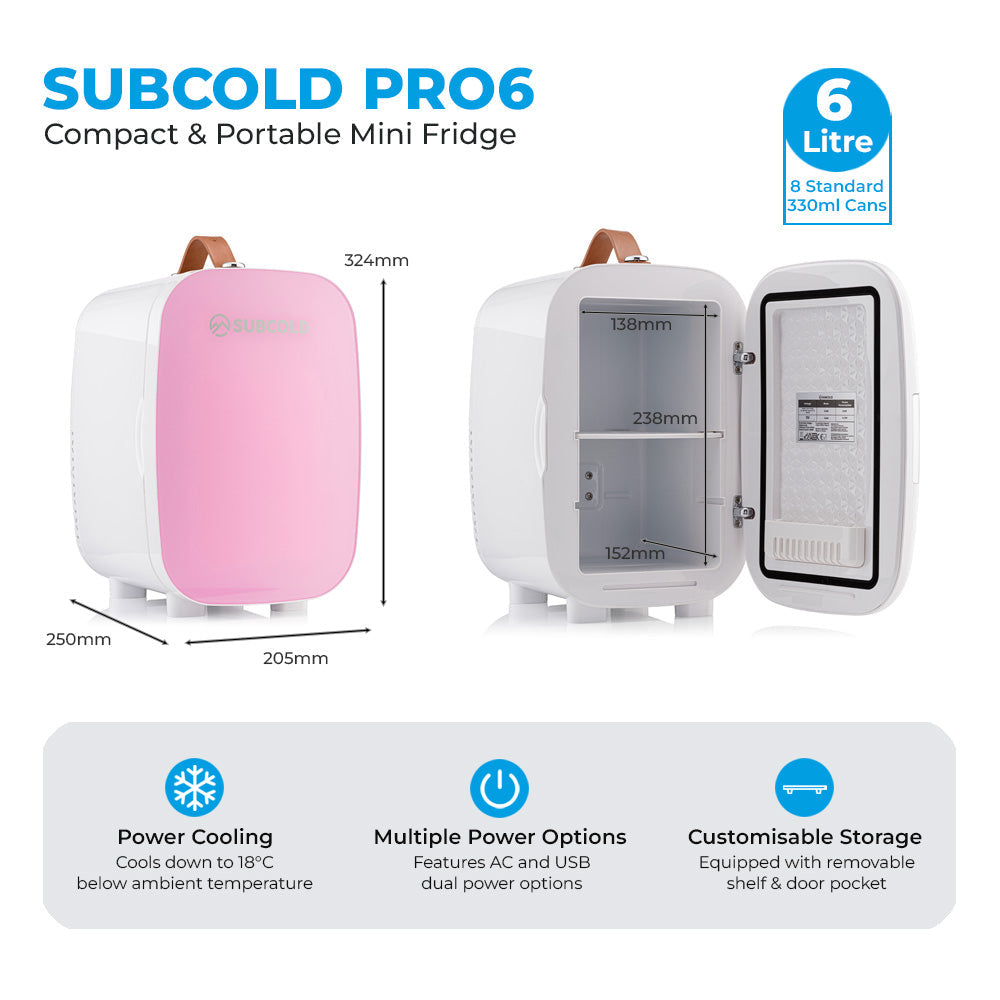 Pink and white subcold pro 6l mini fridge with brown leather handle and removable shelf for larger items storage