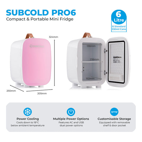 Pink and white subcold pro 6l mini fridge with brown leather handle and removable shelf for larger items storage