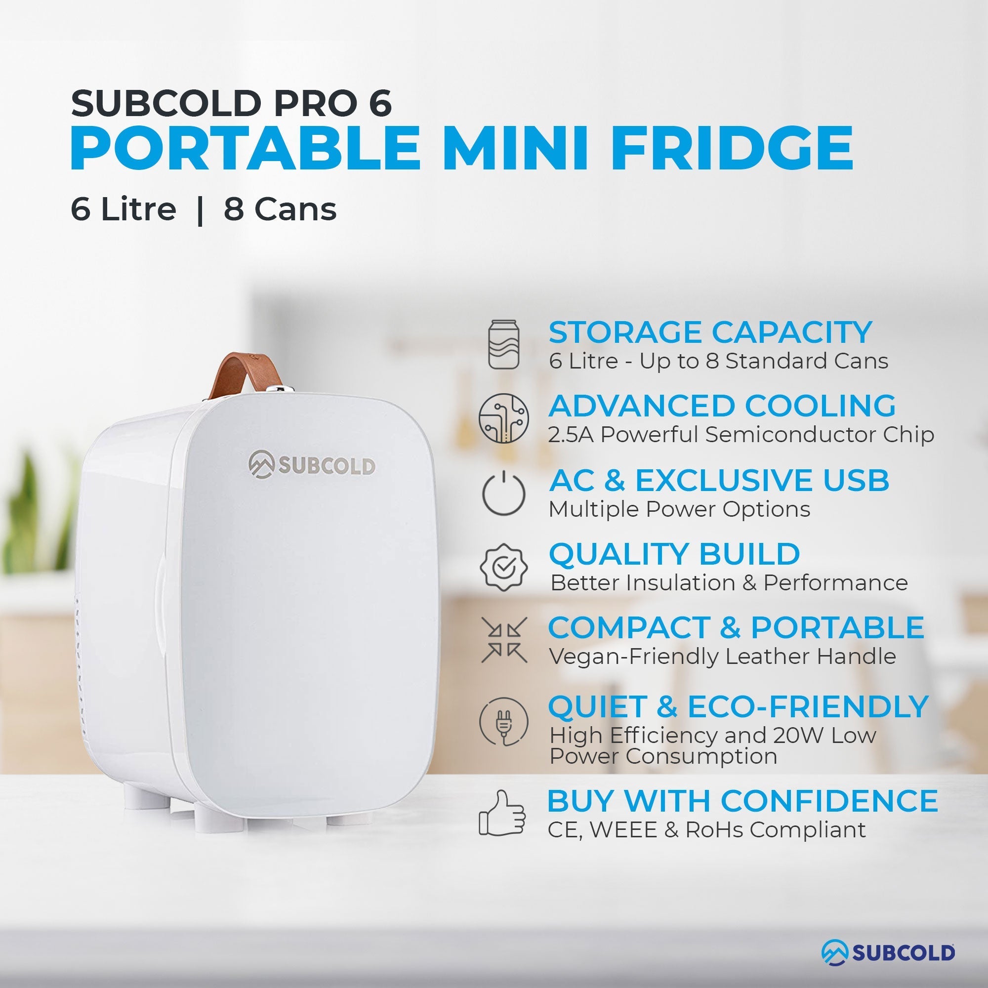 White subcold pro 6 mini fridge with brown leather handle and removable shelf fits larger items easily