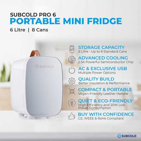 White subcold pro 6l mini fridge with brown leather handle and removable shelf for larger items storage