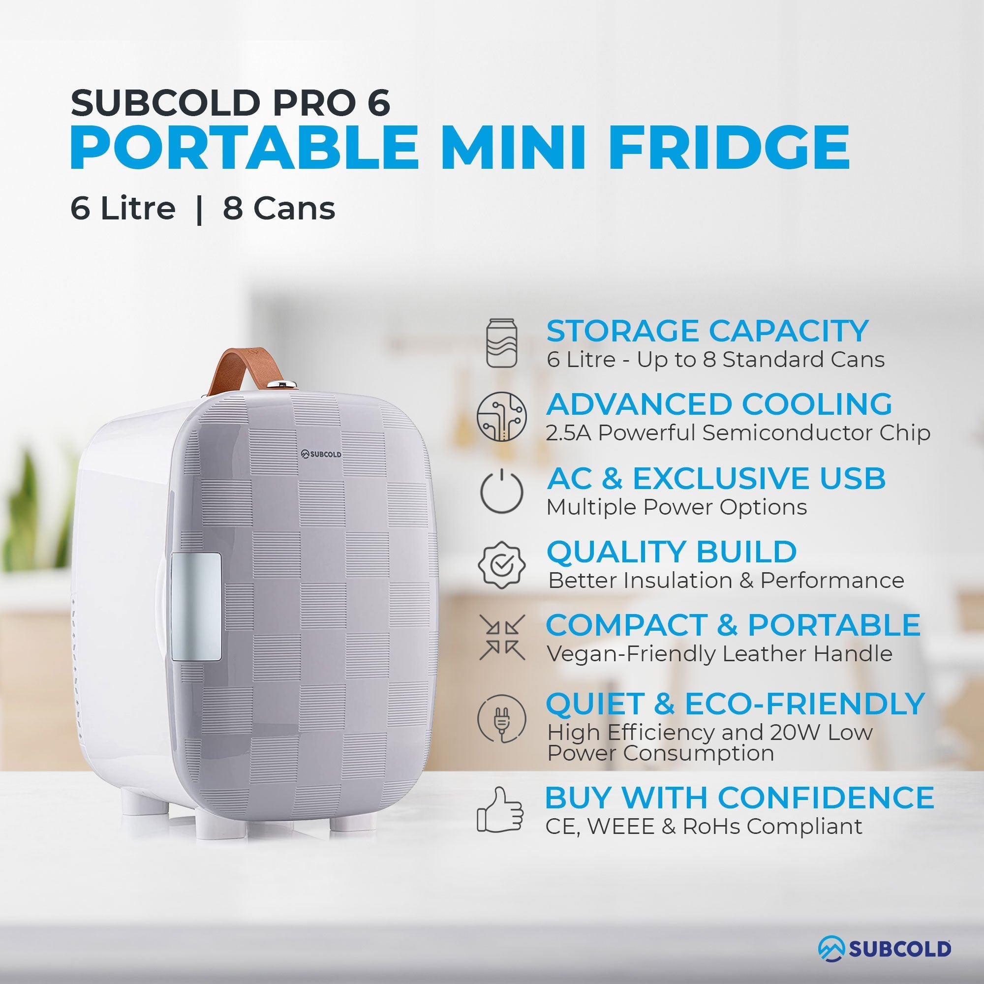 Subcold pro 6l mini fridge in white and gray with brown leather handle and removable shelf for larger items