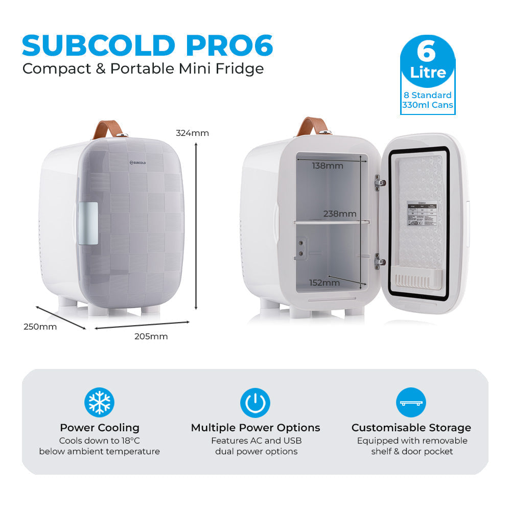 Subcold pro 6l mini fridge in white and grey with brown leather handle features removable shelf for larger items storage