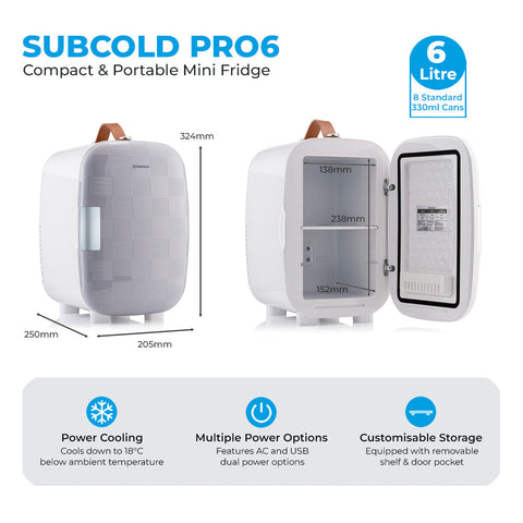 Subcold pro 6l mini fridge in white and grey with brown leather handle features removable shelf for larger items storage