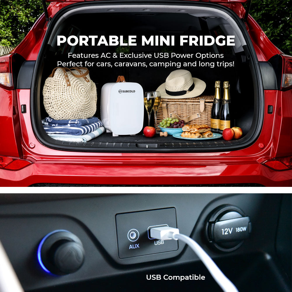 White subcold pro 6l mini fridge with ac and usb power options removable shelf fits larger items easily