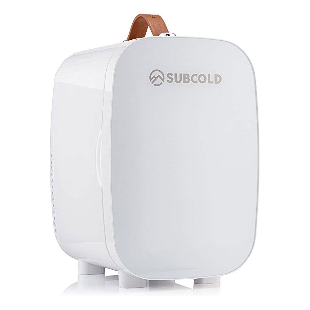 Subcold pro 6l mini fridge in white with brown leather handle and removable shelf fits larger items easily