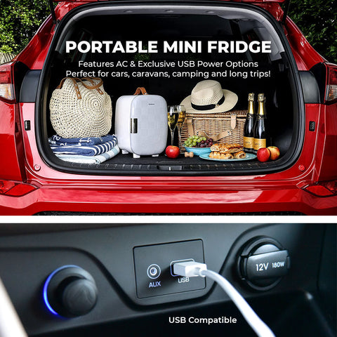 White Subcold Pro 6L mini fridge with removable shelf and USB ports fits larger items in a compact design