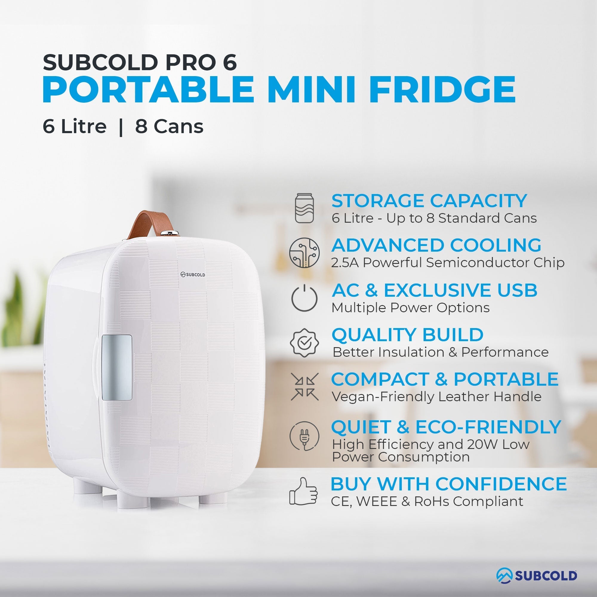 Subcold Pro 6L mini fridge white textured surface vegan leather handle silver latch with removable shelf for larger items