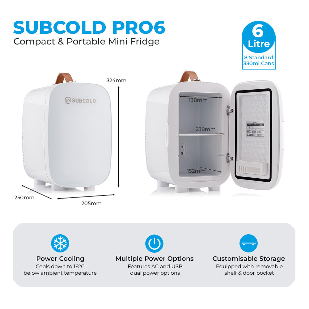 White subcold pro 6l mini fridge with brown leather handle and removable shelf for storing larger items
