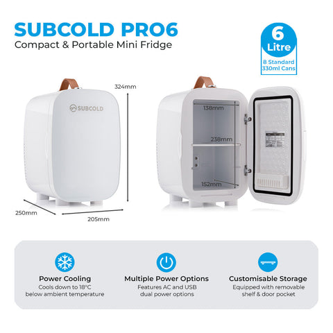 White subcold pro 6l mini fridge with brown leather handle and removable shelf for storing larger items