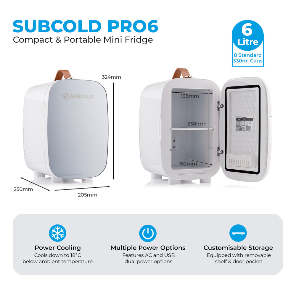 White subcold pro 6l mini fridge with tan handle and removable shelf perfect for storing larger items