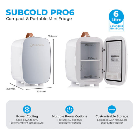 White subcold pro 6l mini fridge with tan handle and removable shelf perfect for storing larger items