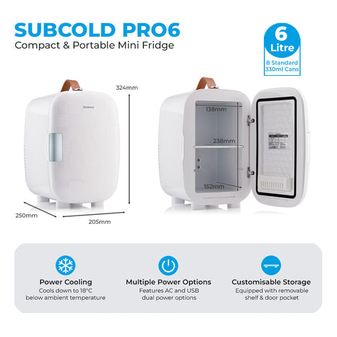 White subcold pro 6l mini fridge with brown leather handle and removable shelf for storing larger items easily