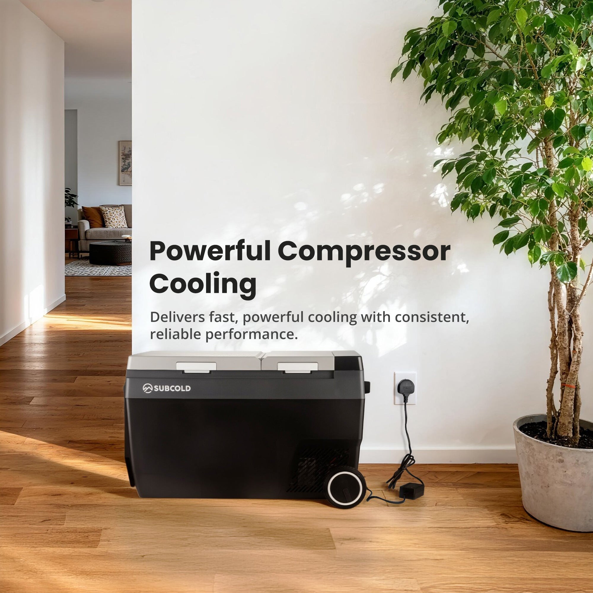 Black subcold roam-45dz portable car fridge with silver accents and compact rectangular design for easy travel