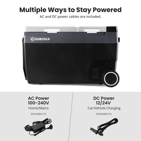 Black subcold roam-45dz portable car fridge with silver accents and single wheel for easy mobility