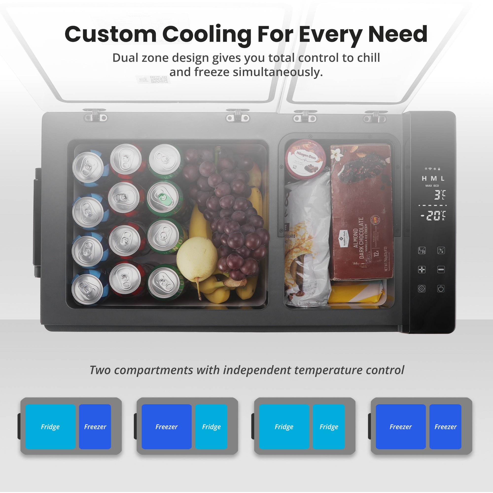 Black subcold roam-45dz portable car fridge with digital display and dual compartments for fridge and freezer