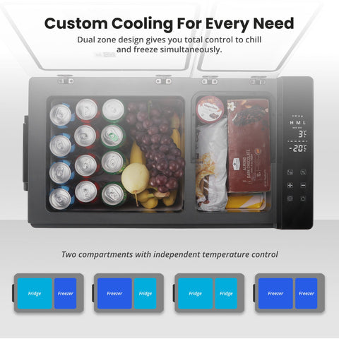 Black subcold roam-45dz portable car fridge with digital display and dual compartments for fridge and freezer
