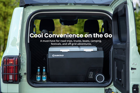 Black and gray subcold roam-45dz portable car fridge with a sleek modern design perfect for on-the-go cooling