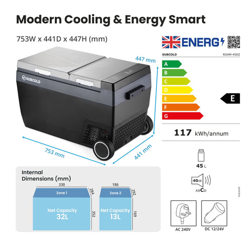 Black and silver subcold roam-45dz portable car fridge with dual compartments wheels and energy efficiency rating e