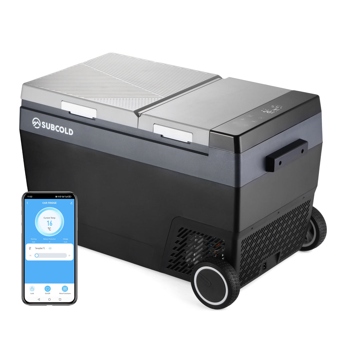 Black and silver subcold roam-45dz portable car fridge with digital display and wheels for easy mobility