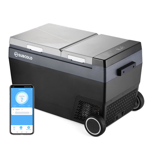 Black and silver subcold roam-45dz portable car fridge with digital display and wheels for easy mobility