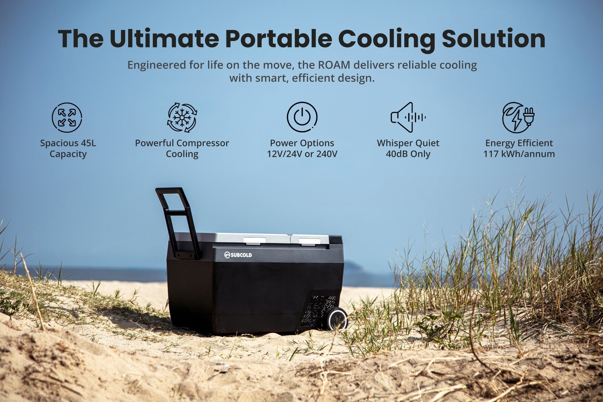 Black and silver roam-45dz portable car fridge with wheels and handle for easy outdoor use by subcold