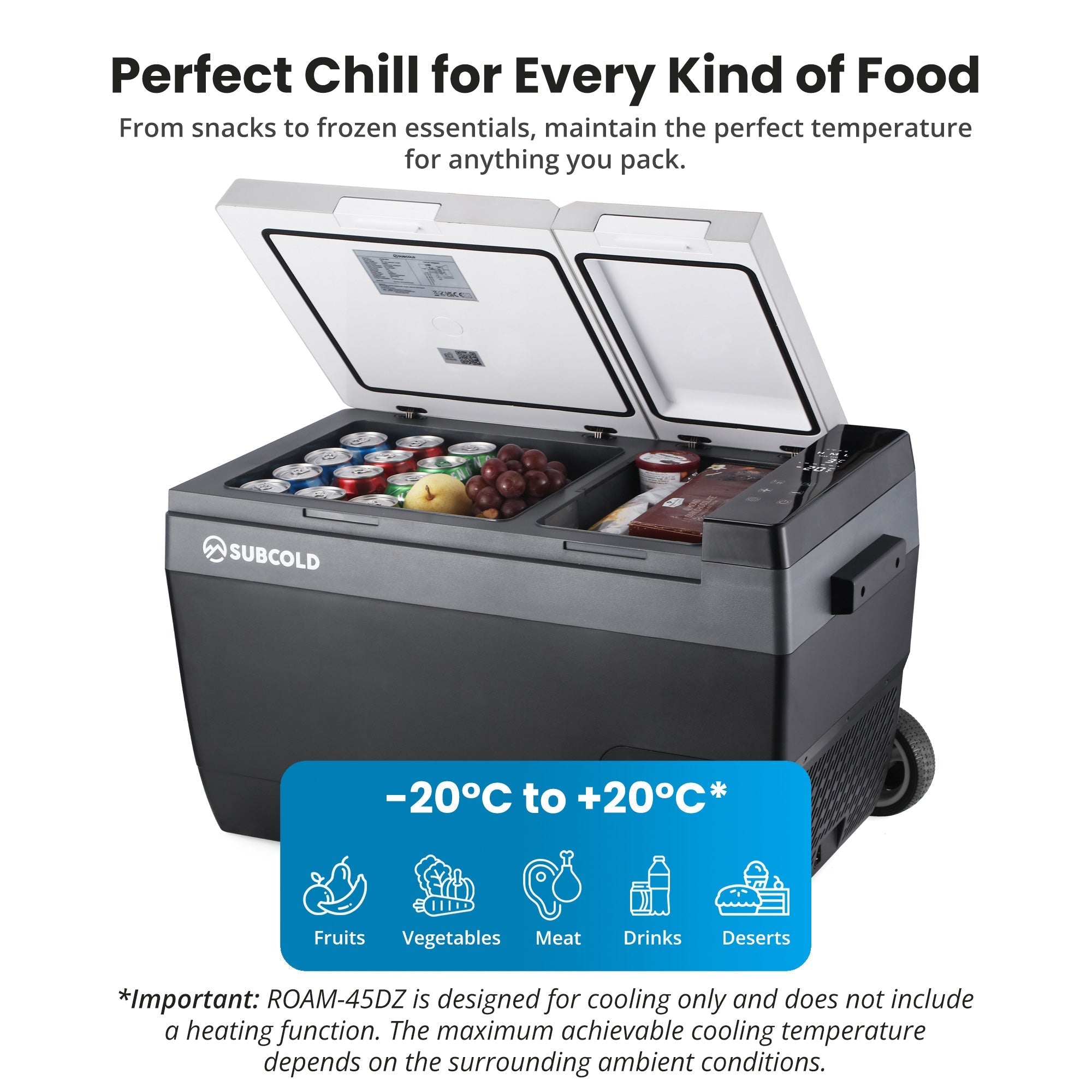 Black and white subcold roam-45dz portable car fridge with dual doors, wheels, and digital temperature display