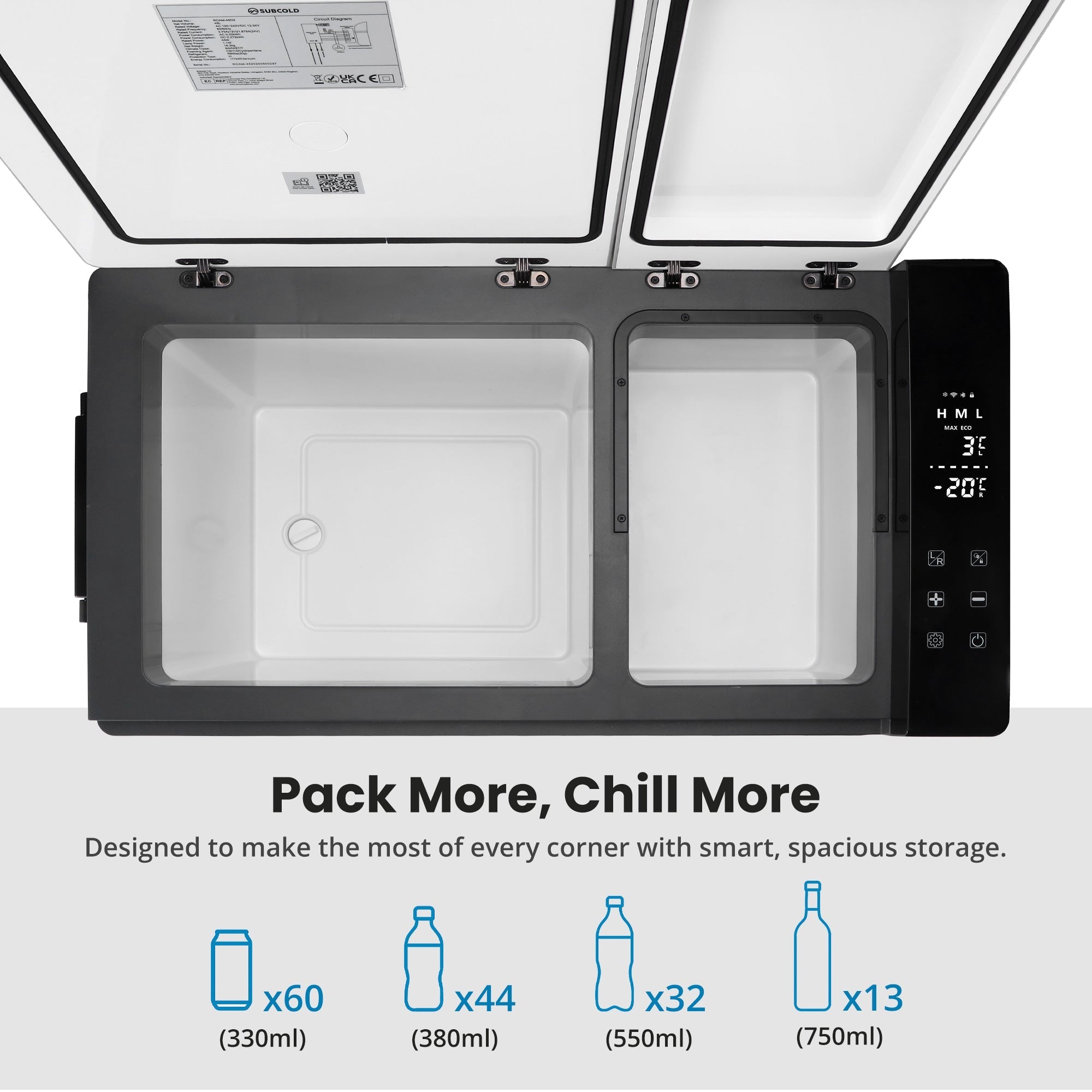 Black and white dual-compartment subcold roam-45dz portable car fridge with digital temperature display